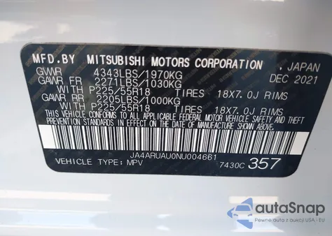 2022 Mitsubishi Outlander Sport 2.0 Es Awc z USA, uszkodzony, nr VIN JA4ARUAU0NU004661